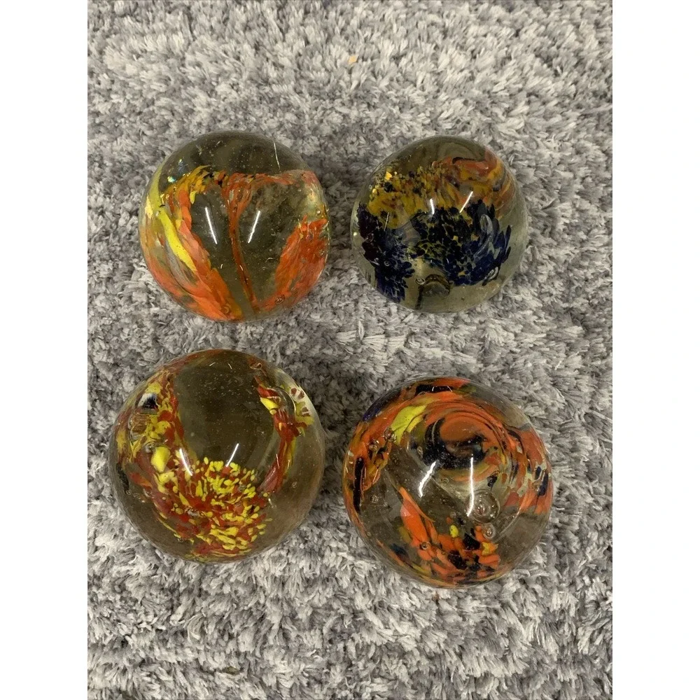 4 Hand Blown Art Glass Paperweight Bubble Sphere Yellow‎ Orange Blue Red
